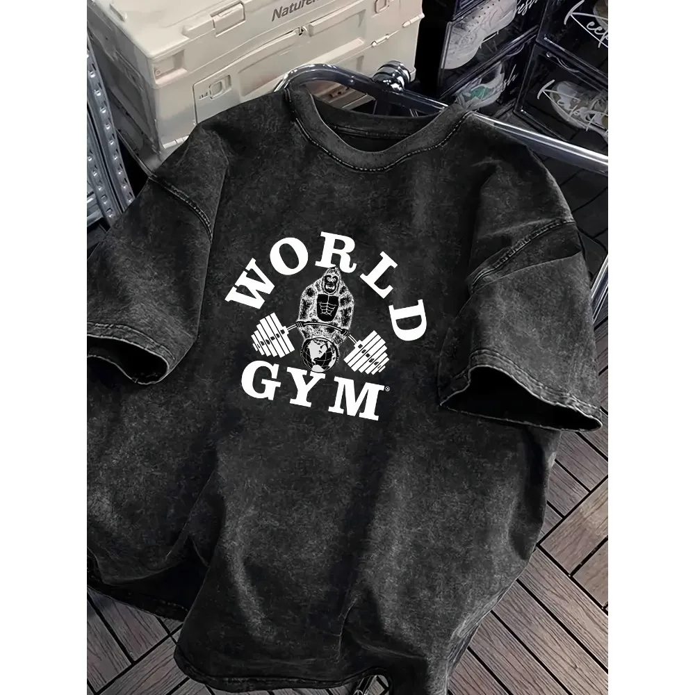 World Gym Gorilla Gewichtheben T-Shirt Vintage Acid Wash Fitness Grafik-T-Shirts Übergroße Oberteile Harajuku Grafik-T-Shirts