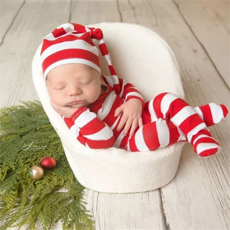 Newborn Photography Outfit Red White Stripe Bodysuit Romper Hat Boy Christmas Elf Outfit Newborn Knot Hat Pajama Set