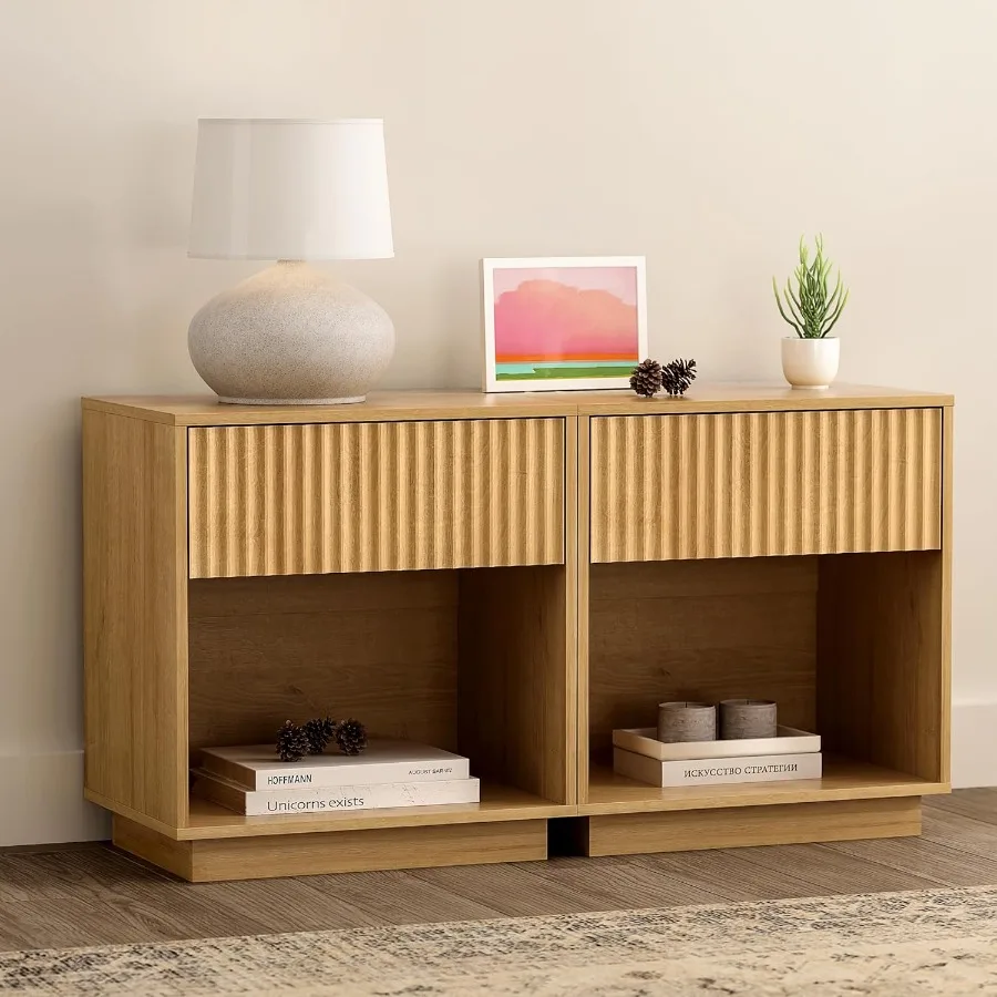Fluted Nightstand Set of 2 with Drawer Modern 22 Bedside Table with Open Shelf Large Wooden End Table Night Stand for Bedroom S