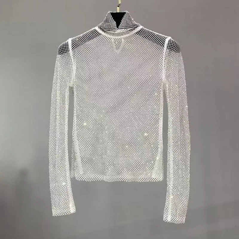 Damen Strass-Mesh-Rollkragen-Top, Durchsichtiges Netzshirt, Glitzerndes Transparentes Unterhemd, Eng Anliegend, für Party, Nachtclub, Festival, Clubwear – Detail 7