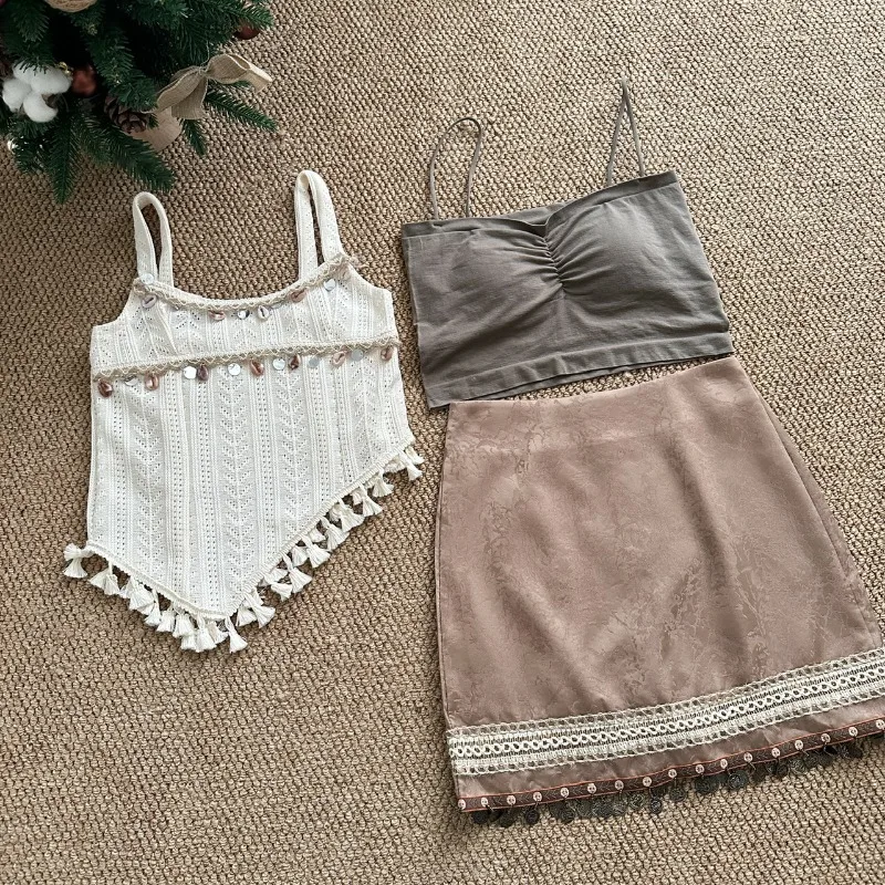 Summer 2000s Vintage 3 Piece Skirt Sets Women Casual Knitted Tops Basic Vest Slim Y2k Mini Skirts Korean Fashion Suit Outwear