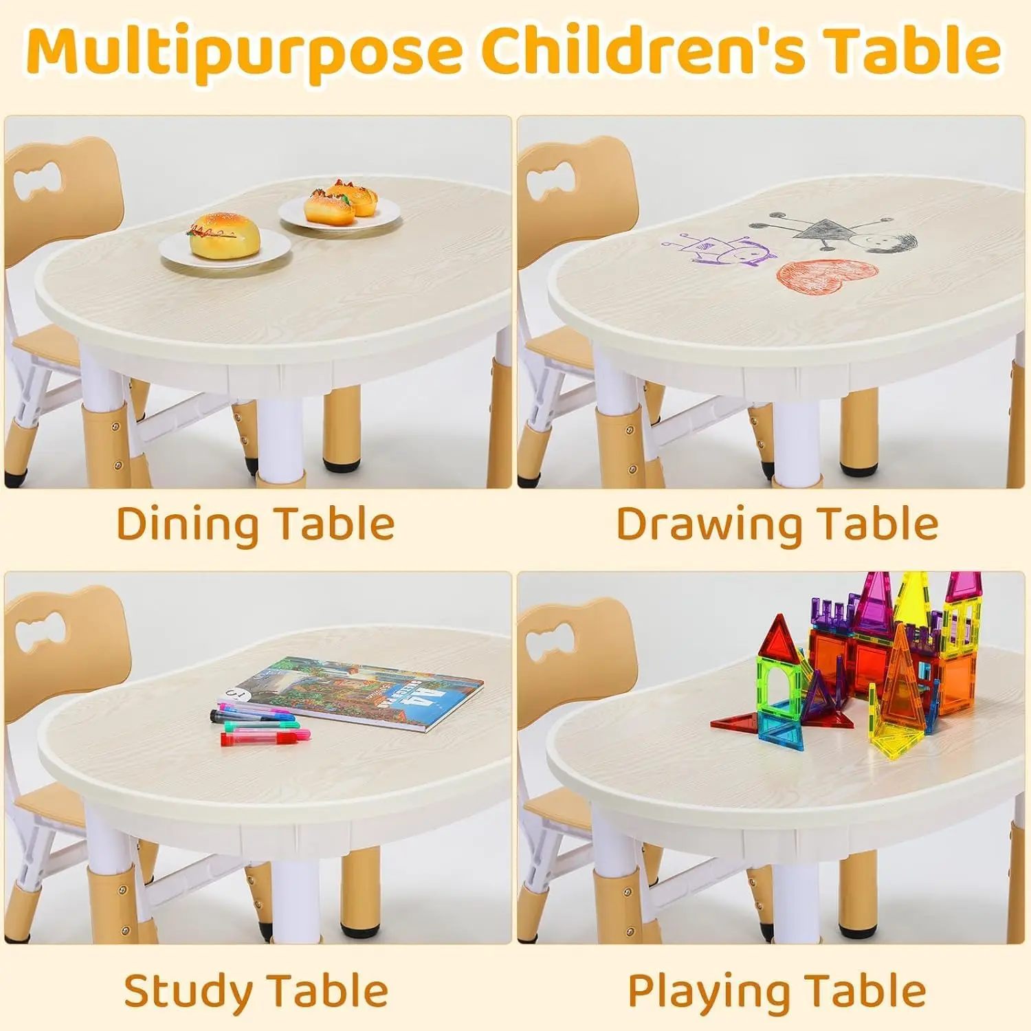 Children\'s Table with 2 Chairs Seating Group Height-adjustable Painting Table and Chair Set, Plastic Desk for Daycare/home