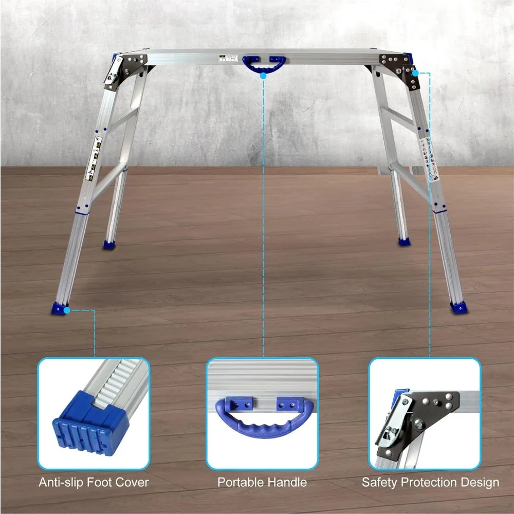 LEADALLWAY Adjustable Work Platform (47x20) Ultra-Wide Portable Folding Aluminum Work Platform 330 Lbs Capacity 50 Gear Adjustab
