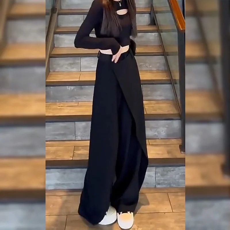Asymmetrical Wide Leg Pants Straight Cut High Waist Long Trousers Women's Autumn 2024 New Style Draping Suit Pants Design