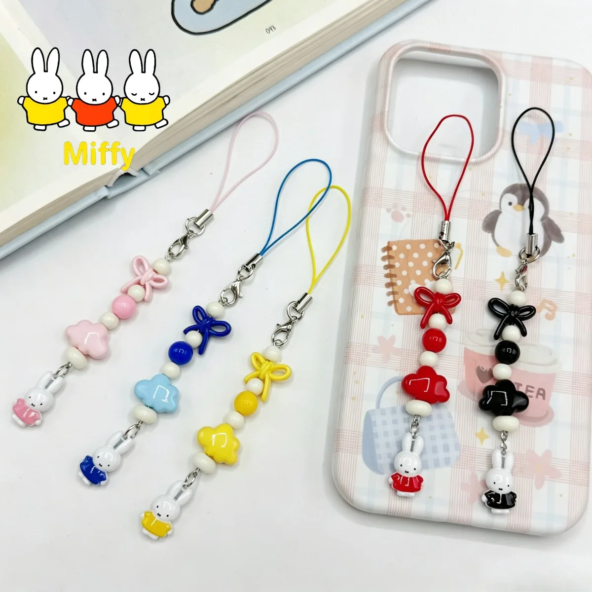 Kawaii Miffy Keychain Cute Cartoon Miffy Rabbit Alloy Beads Small Nose Pendant for Mobile Phone Short Chain Keychain Hanger