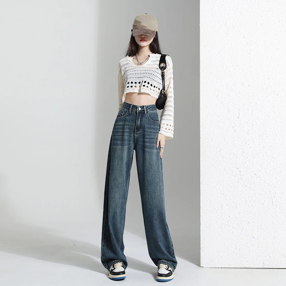 

Women's Vintage Blue Wide Leg Jeans Autumn New Loose High Waist Drop Floor Dragging Pants Show Thin Straight Length Pants