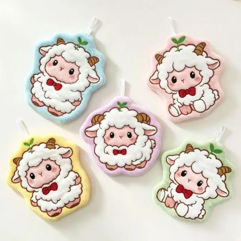 Coral Fleece Cartoon Sheep Hand Towel Hanging Design High Absorption Quick Dry Cloth For Kitchen Bathroom Household