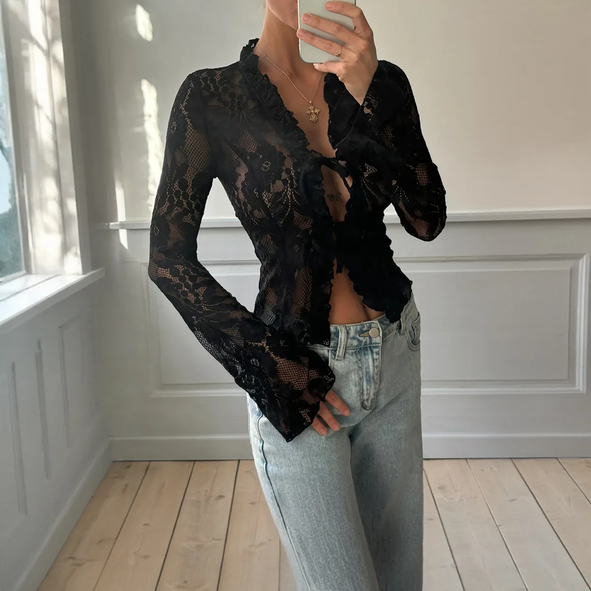 2024 Spring Autumn Women Blouse Sexy Slim Long Sleeve Lace Top Open Stitch Fashion Hook Flower Hollow New Style Tops