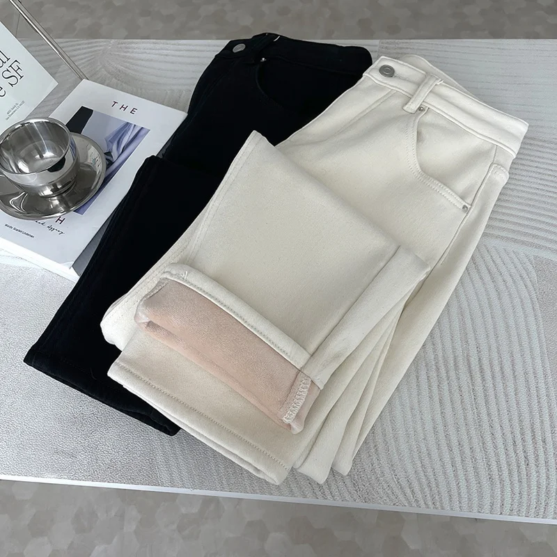 

Ultra-Thick Velvet Jeans Mid-High Waist Elastic Slimming Versatile Winter Denim Pants Straight Leg Cotton Natural Waist