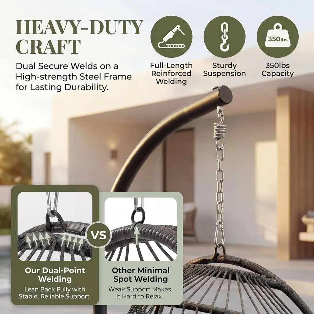 Durable Outdoor Hanging Egg Chair Swing with Cushion, 350 lbs Capacity, Weather-Resistant for Balcony or Deck, Gray - view 6