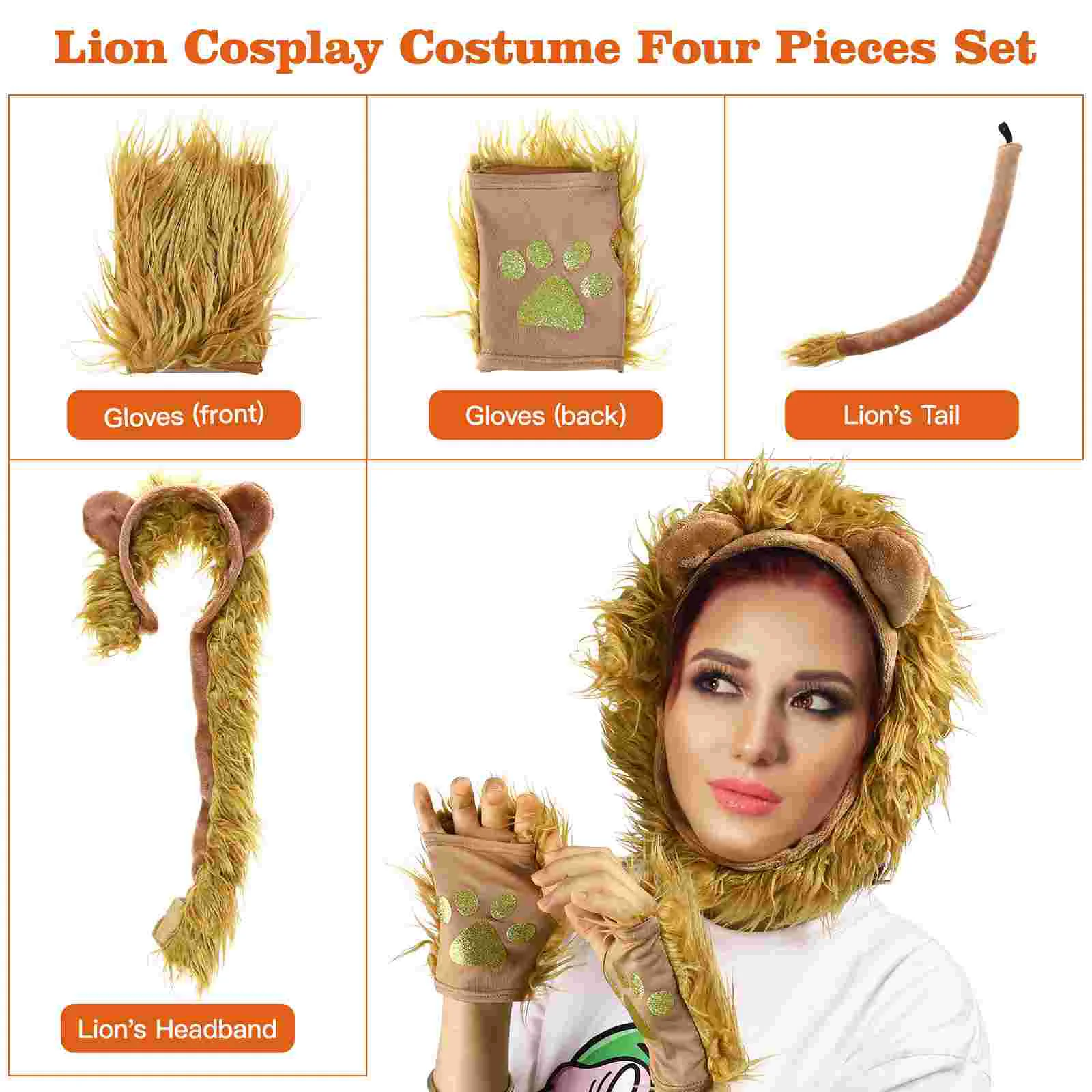 Lion Cosplay Set para Halloween, Orelhas Headband, Luvas Cauda e Pata, Acessórios Figurinos, 1 Conjunto