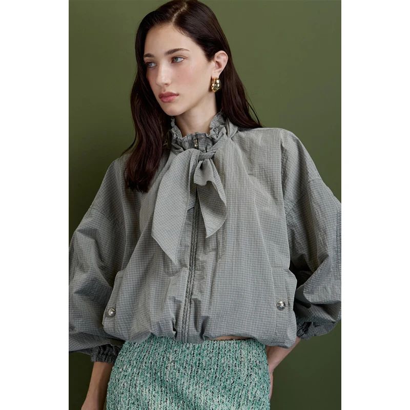 

Faionable Anti-Aging Design 25 Autumn Pleated Stand Collar Rabbit Ear Belted k id Jaet Women 2 Colors Casual Sle Z...