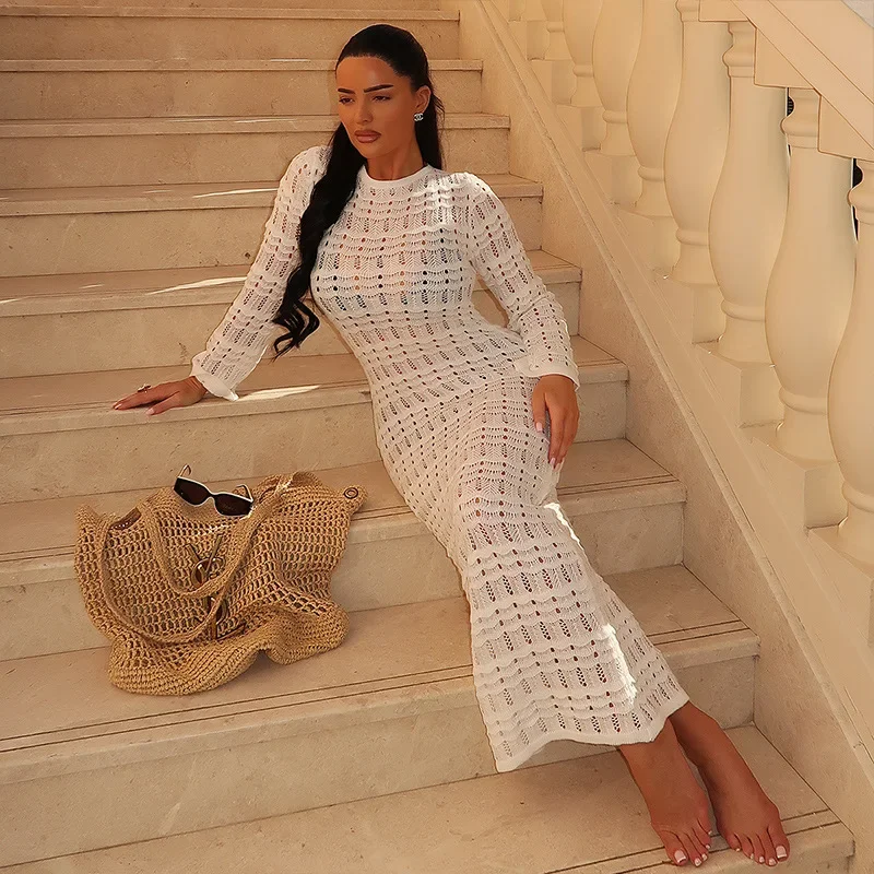 

Women's Summer Long Dress 2025 Hollow Texture Halter Strap Blouse Beach Sunscreen Vacation Long-Sleeved Gown