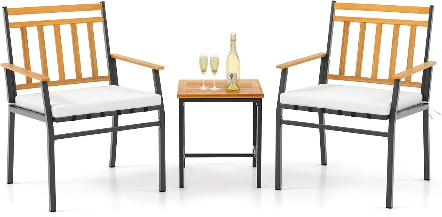 طقم بيسترو من خشب السنط مكون من 3 قطع، طقم محادثة للفناء مع وسائد وطاولة قهوة، طقم طاولة وكراسي بيسترو خارجية لـ