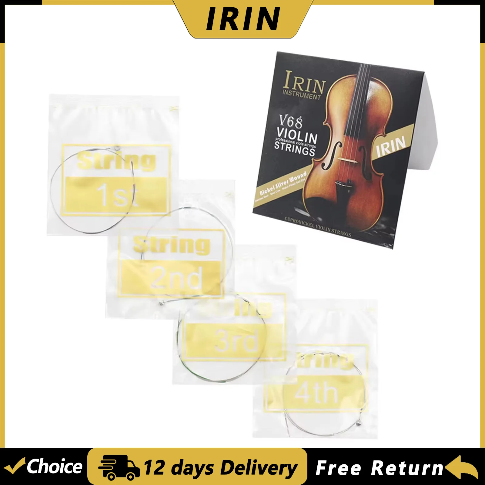 IRIN V68 Violin Strings Stainless Steel Core Silver-plated Wound Fiddle Strings Musical Instrument Parts Accessories Tools