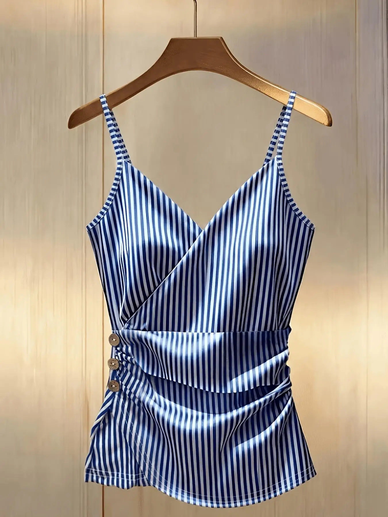 Ladies Elegant Striped Drawstring Decorative Buttoned Strap Vest Fashionable Casual Women's Top
