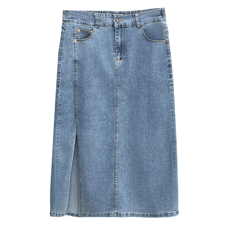 

Plus Size Women's Skirt 2025 Summer New 100kg Simple And Casual Slim Mid-length Front Slit Stretch Denim Skirt 8587