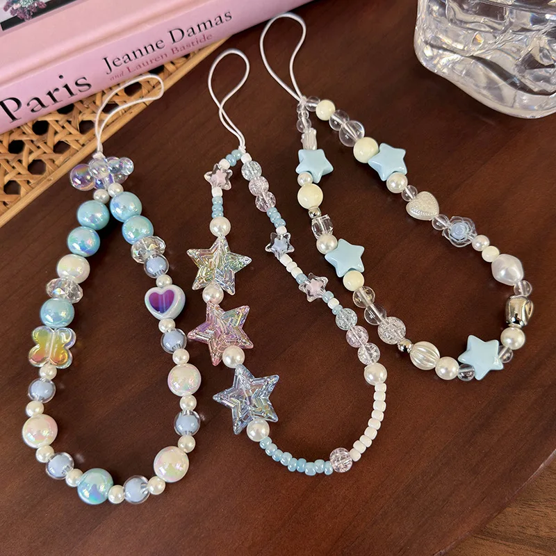 Beaded Pendant Y2K Mobile Phone Charms Heart Cellphone Chain Clouds Stars Phone Strap Korean Anti Lost Phone Lanyard