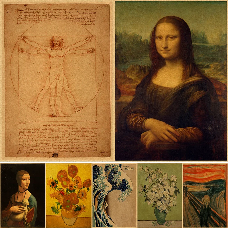 A Collection of Van Gogh Works /Vinci/Kraft Paper Print Painting Posters Wall Pictures for Living