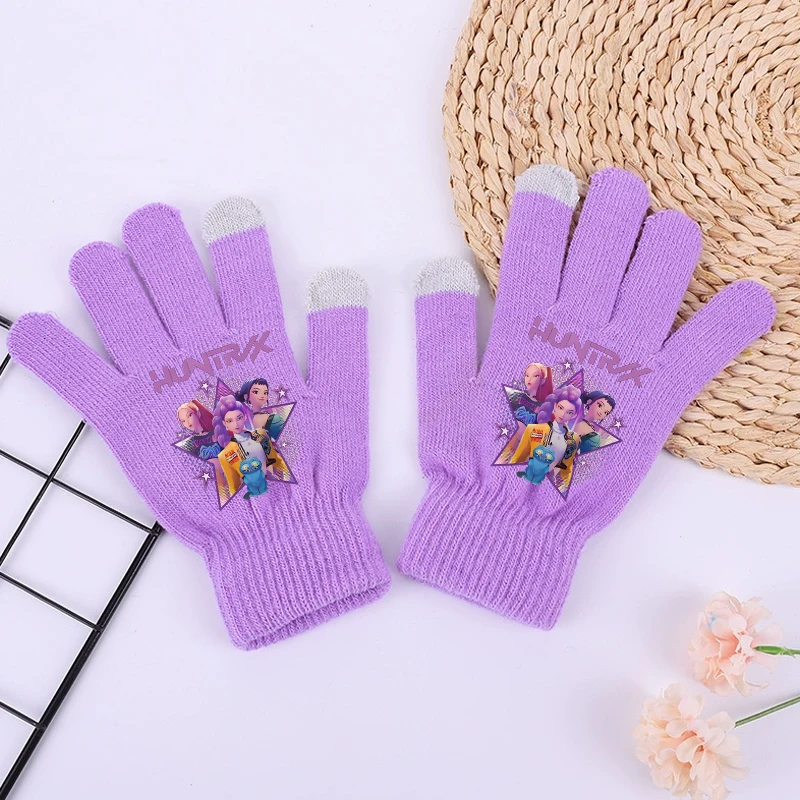 2025 جديد K البوب شيطان هنتر الفتيات قفازات Kawaii الكرتون المطبوعة محبوك قفازات الاطفال الشتاء في الهواء الطلق قفاز دافئ