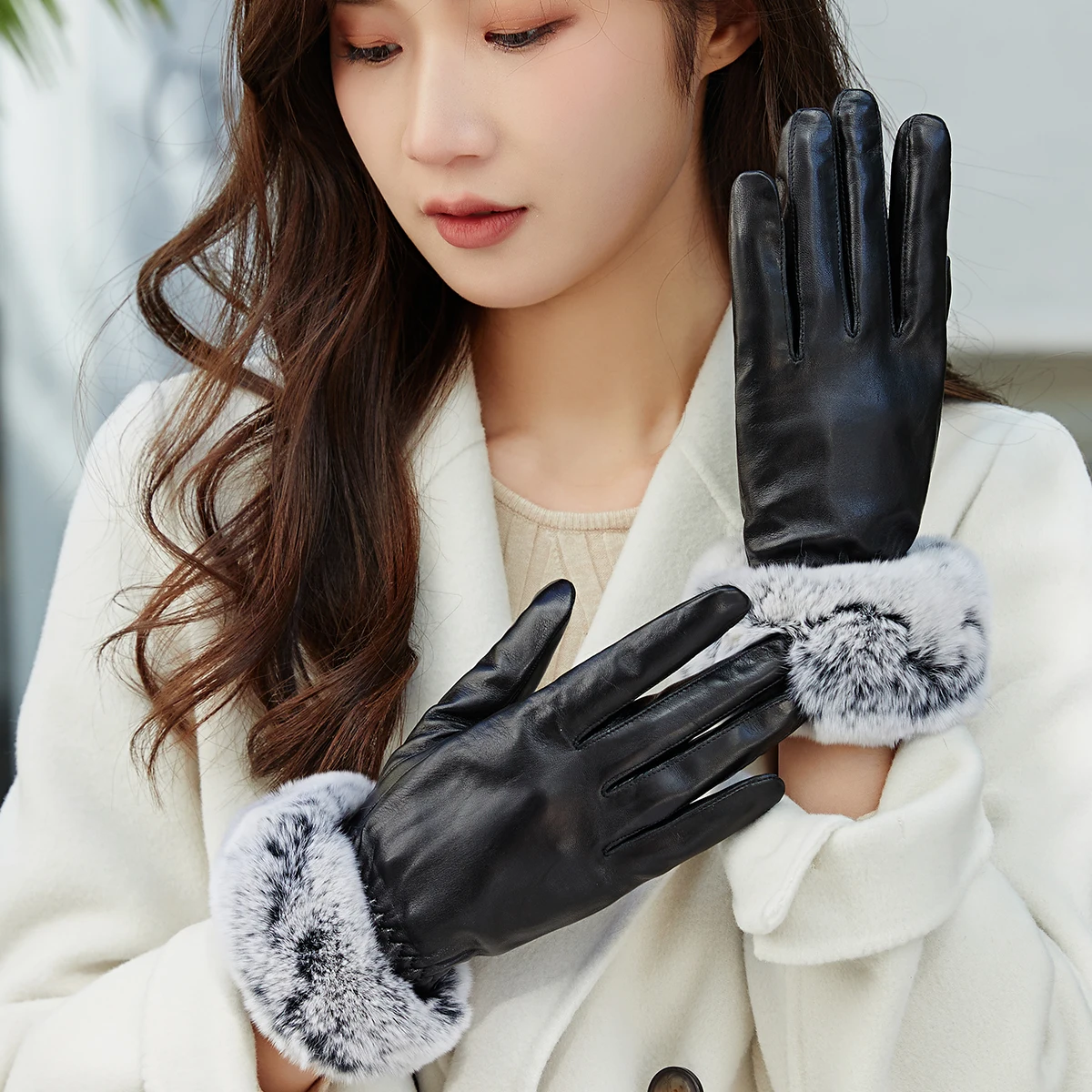 BISON DENIM Luxury Women\'s Autumn Winter 100% Real Sheepskin Leather Gloves Genuien Leather Mittens Autumn Winter Gloves