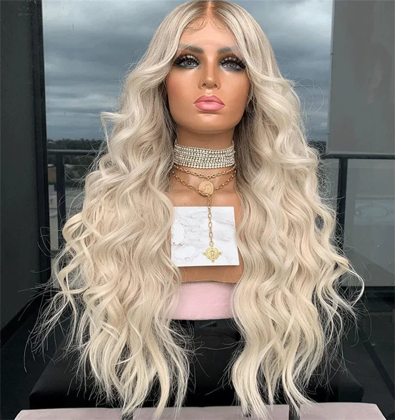 13x4 HD Super Long Wave Wig Ombre Platinum Golden Blonde Highlights Ash Roots Synthetic And Blend Lace Wigs Glueless Cosplay
