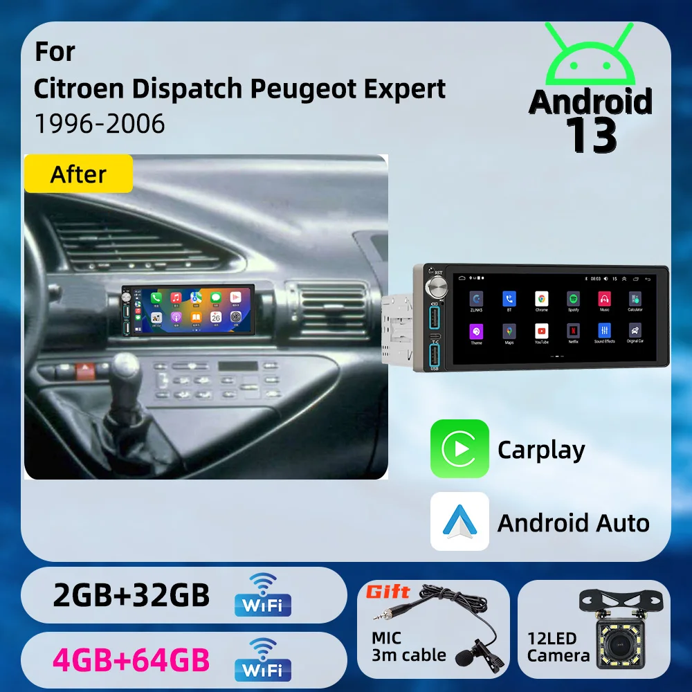 6.86 inch Android 1Din Car Screen Car Multimedia Autoradio Radio Head Unit Stereo for Citroen Dispatch Peugeot Expert 1996-2006