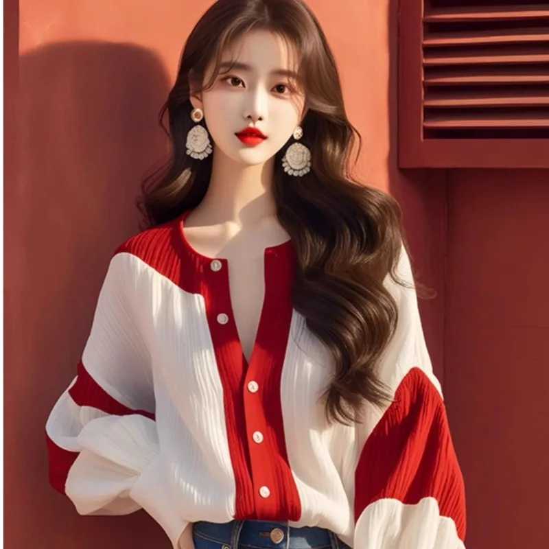 

Ladies Spring Summer Korean Simplicity Office Lady Button Color Blocking O-neck Shirts All-match Patchwork Chiffon Long Sleeve