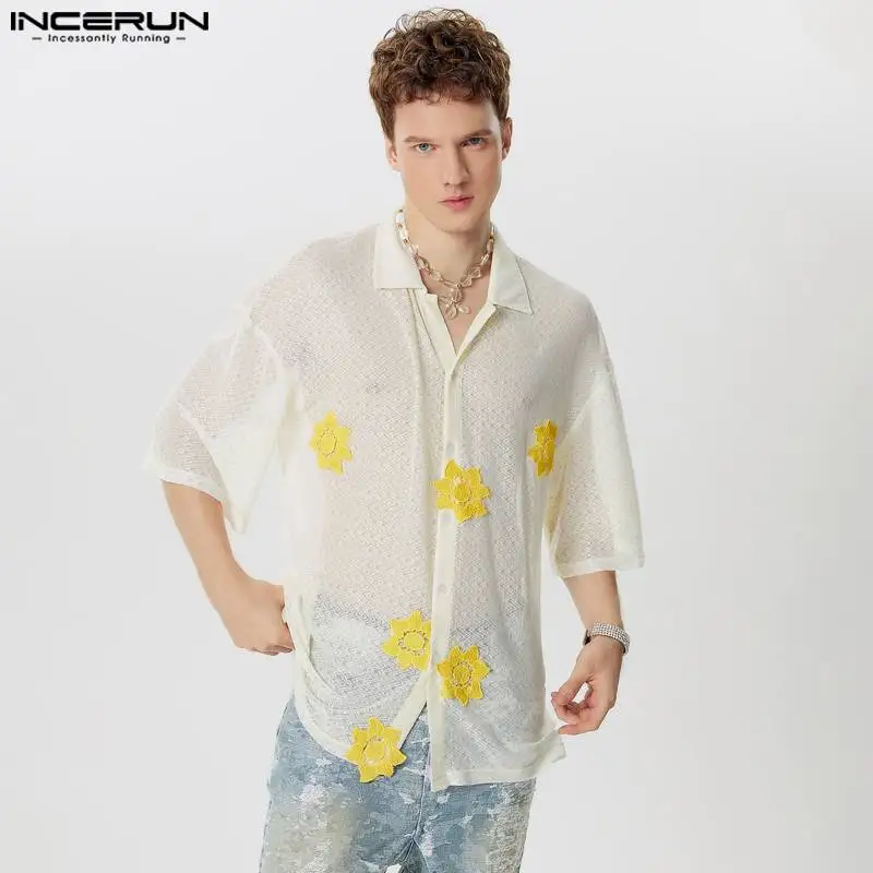 Handsome Well Fitting Tops INCERUN Men's Perspective Flower Patchwork Shirts Leisure Streetwear Short Sleeved Lapel Blouse S-5XL