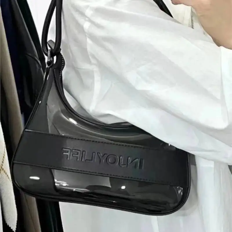 Black Transparent Glossy Panel Underarm Women Fashion Design Minimalist Letter Shoulder Ladies Personality Crossbody Bag