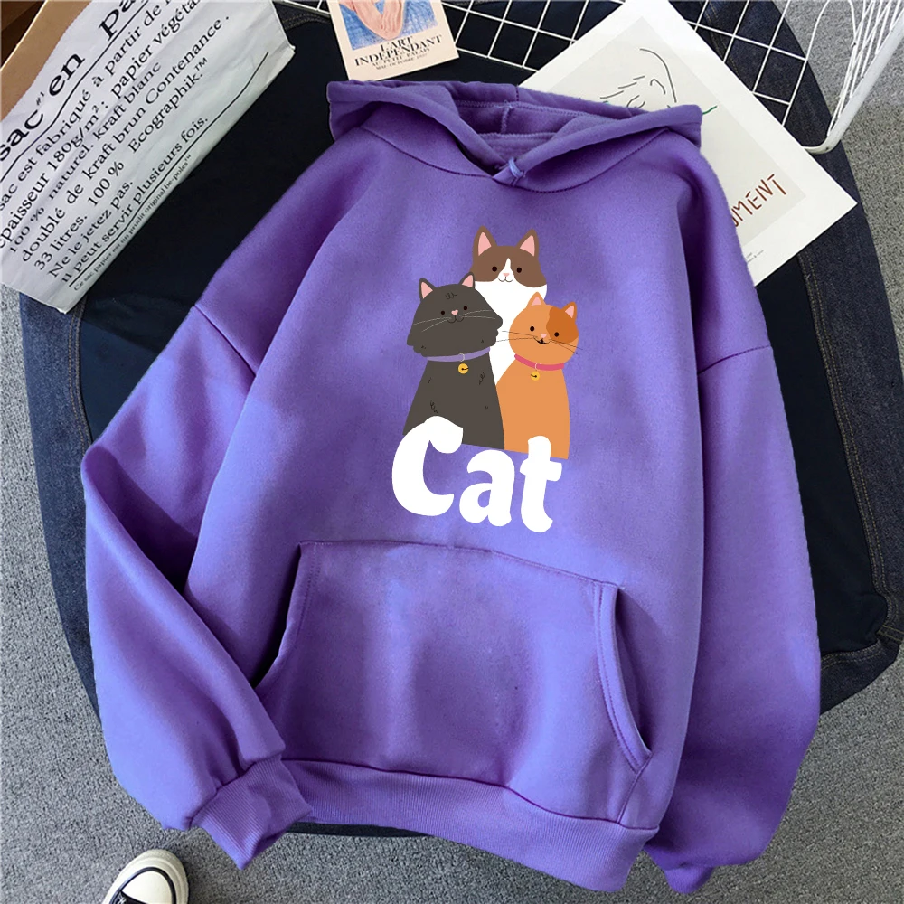 Three Cartoon Cats Printed Women Hoodies Fashion Harajuku Hoody Casual Loose Y2K Womenswear Fleece Multicolor Unisex Pullover