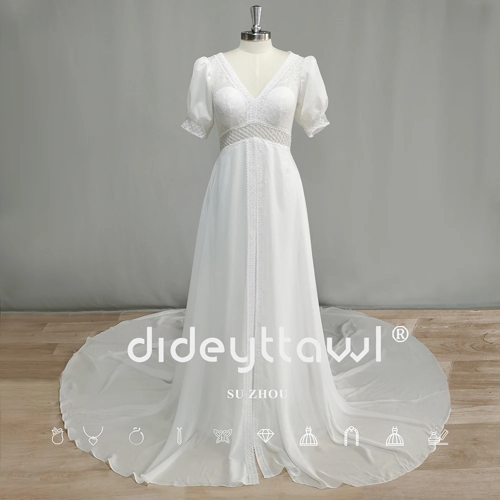 Dideyttawl manga curta puff com decote em v apliques flor renda chiffon a linha vestido de casamento com miçangas botão boho vestido de noiva