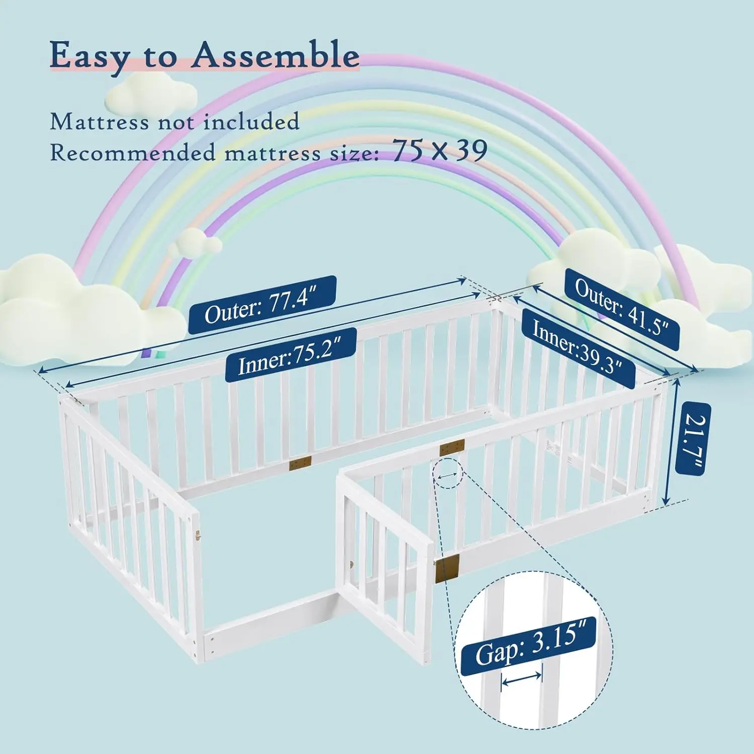 Twin Montessori Bed With Safety Guardrails And Door, Wood Frame Beds For Kids, Door Can Install Left And Right, White