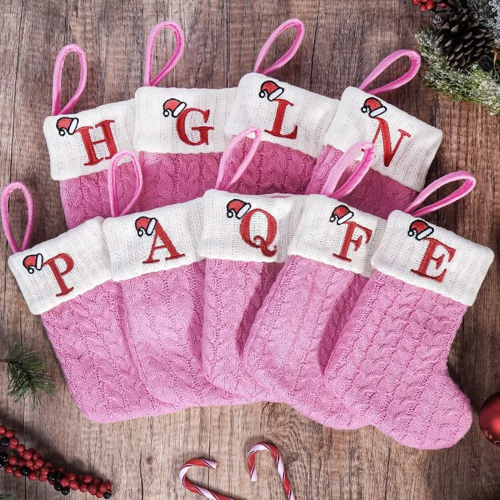 Pink Christmas Alphabet Knitted Socks Thickened Exquisite Candy Gift Bags Large Capacity Festival Letter Knitting Socks