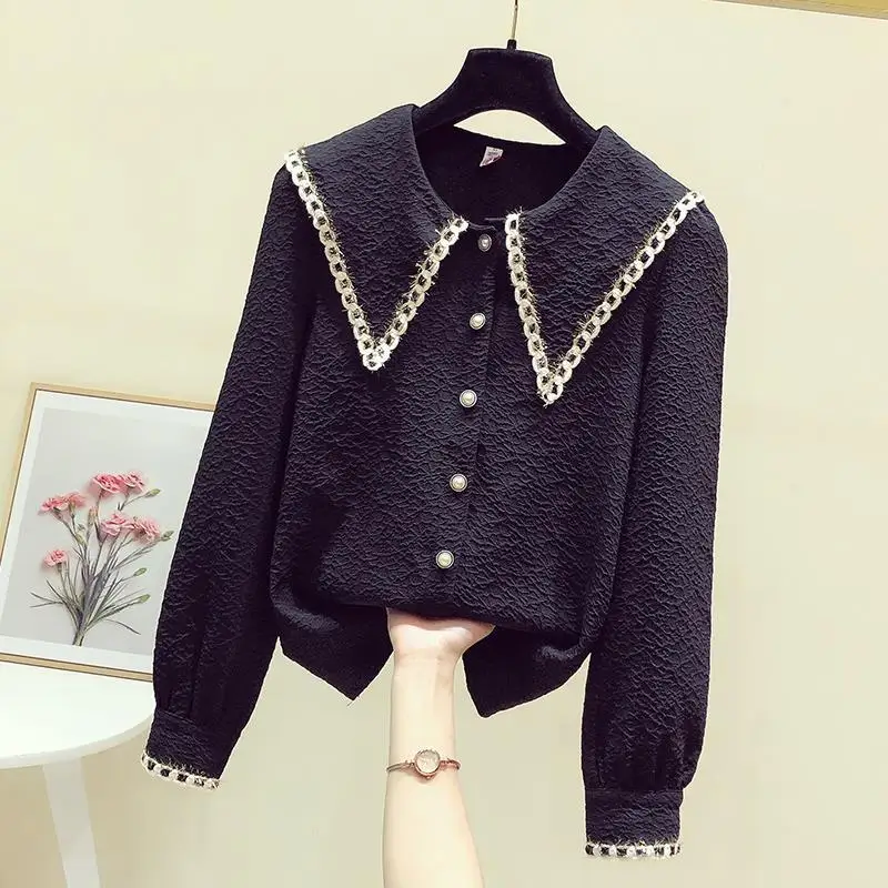 Women Clothing Long Sleeve Contrast Loose Button Blouse Spring Autumn New Solid Loose Fashion Youth Shirt Tops Casual Korean