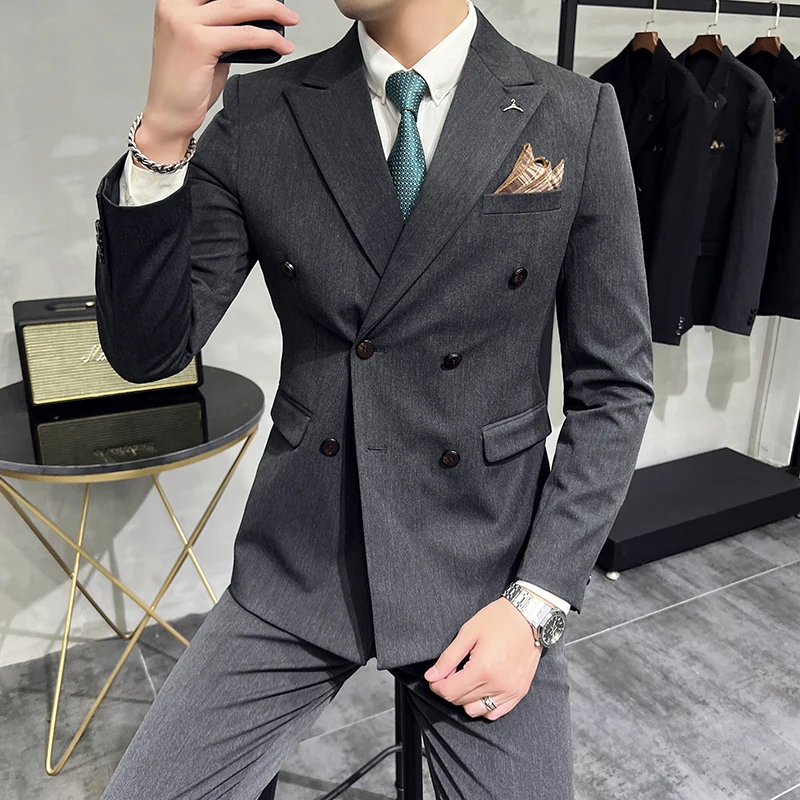 

Commuter simple business casual double-breasted suit high-grade groom best man men's slim small suit men LM80931