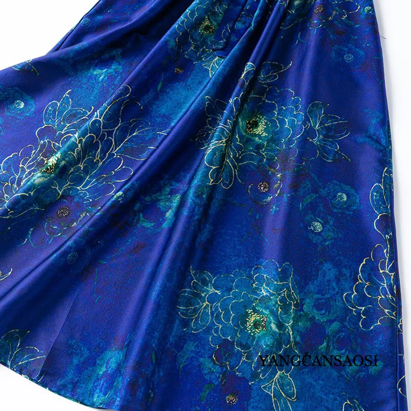 Blaue Pfingstrose, künstlerischer Charme, 93 % natürliche Maulbeerseide, elastischer Satin, V-Ausschnitt, Kordelzug, modisches, tailliertes Kleid für Damen