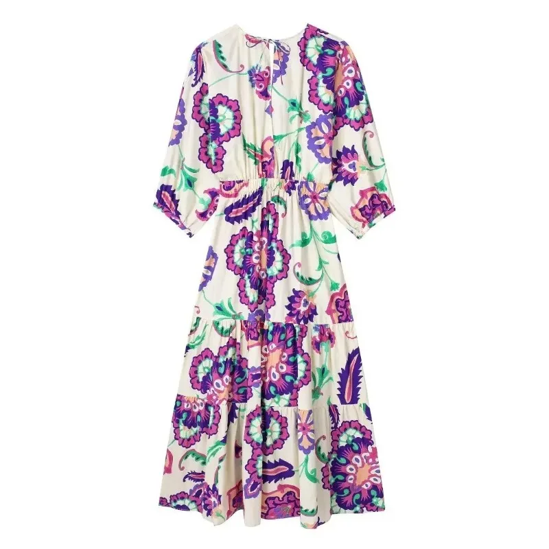 Summer V-neck 3/4 Sleeved Floral Printed Bohemian Cotton Long Dress