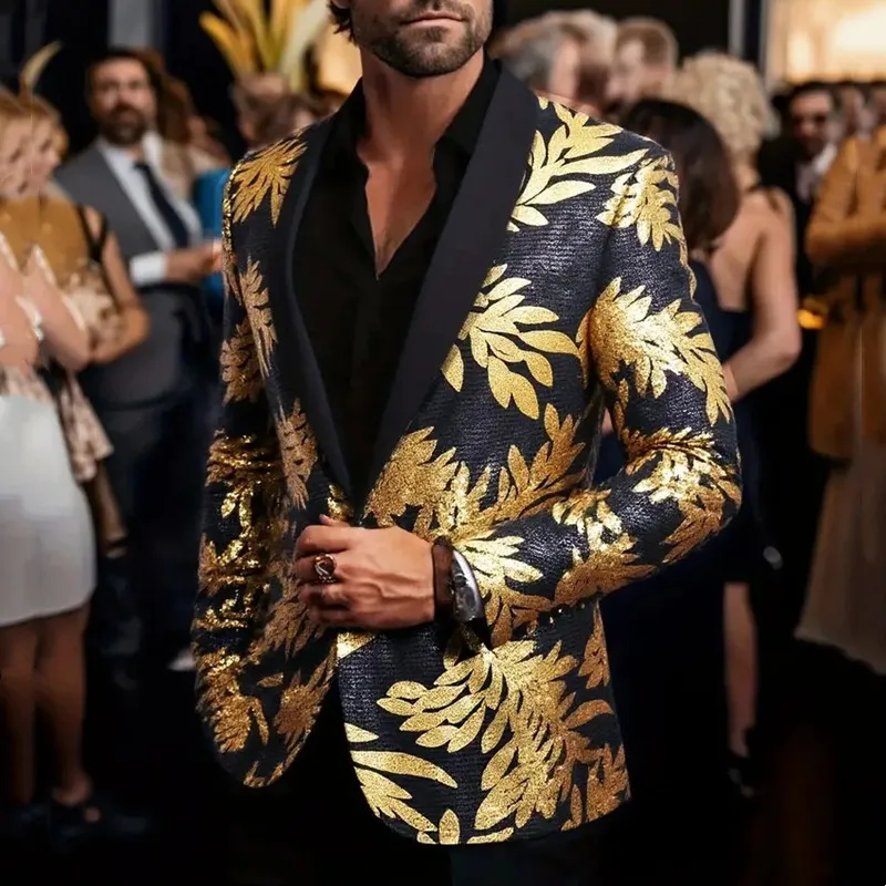 

Модный золотой, черный блейзер с блестками для мужчин, блестящий блестящий костюм с блестками, куртка с шалью и воротником, свадебная вечеринка, банкетный сценический костюм