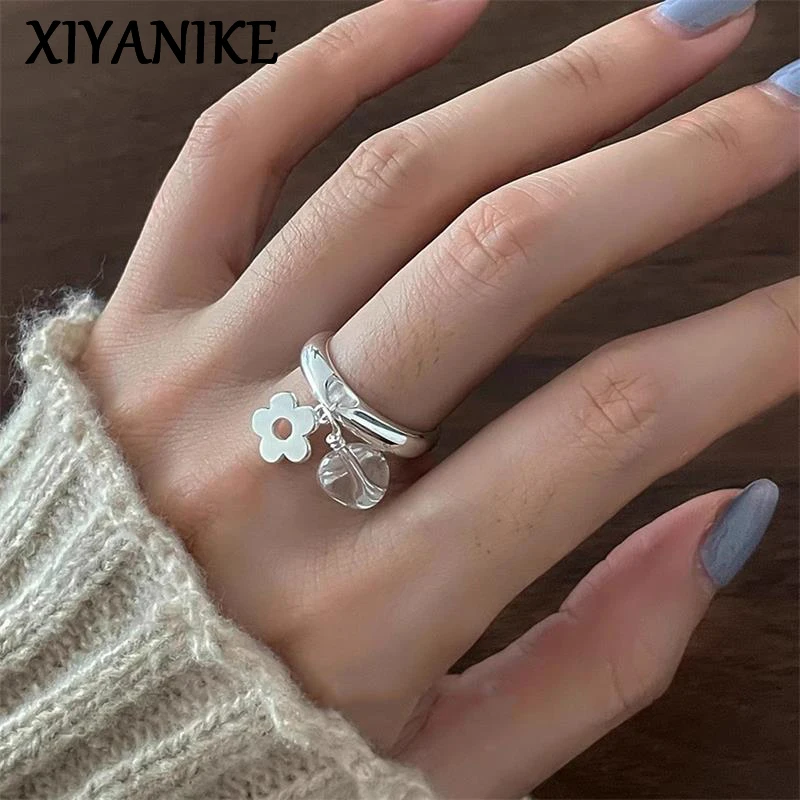 XIYANIKE Fashion Crystal Flower Clear Droplet Open Rings For Women Girl New Year Jewelry Accessories Gift Party Anillos Mujer