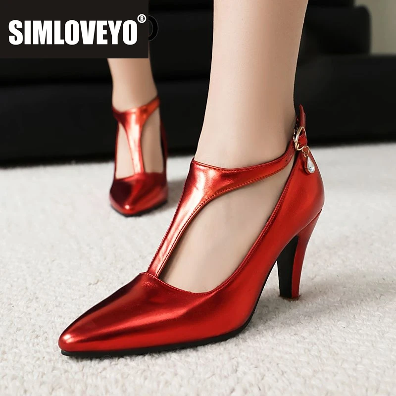 

SIMLOVEYO Роскошные женские туфли-лодочки с острым носком на тонком высоком каблуке 8,5 см с пряжкой и Т-образным ремешком, большие размеры 44 45 46, пикантные туфли для вечеринок и свиданий золотого цвета