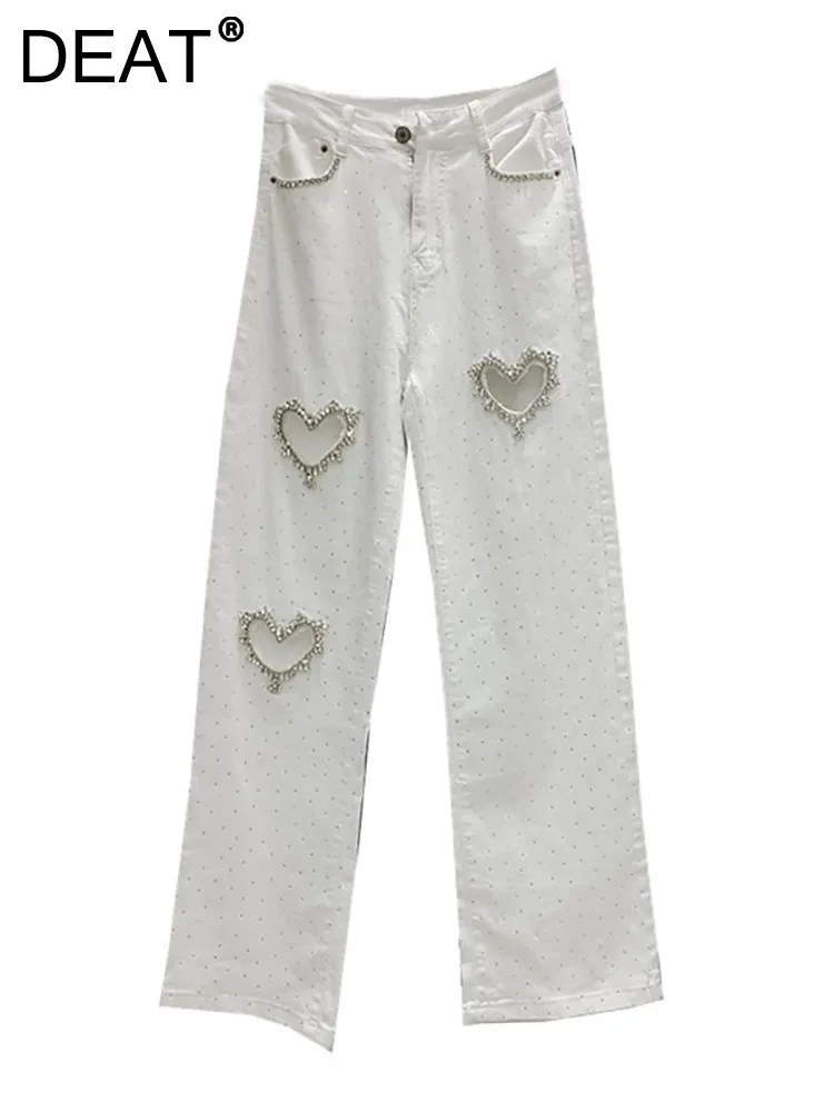 DEAT Jeans da donna a vita alta cuore dritto scava fuori tinta unita pieno di diamanti pantaloni in denim 2025 primavera nuova moda 29L7772