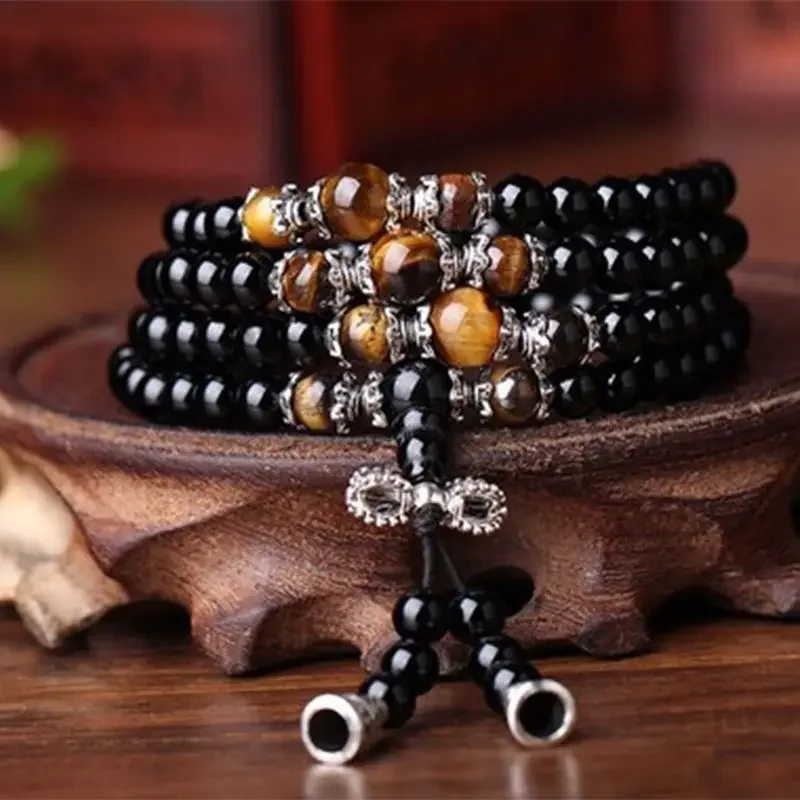 108Pcs Black Obsidian Buddha Beads for Men and Women Couple Handchains with Tiger Eye Stone  Men's Wealth Attraction Bracelet