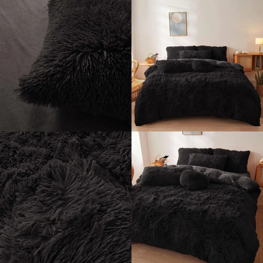

Черный плюшевый комплект пушистых пододеяльников King Size — постельное белье из 3 предметов с 2 наволочками