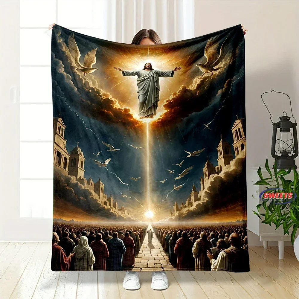 NO.2 6 Size Merciful Jesus Christian God Flannel Art Blanket, Sofa Bed Cover Four Season Soft Fluffy Quilt Blanket Flannel Throw