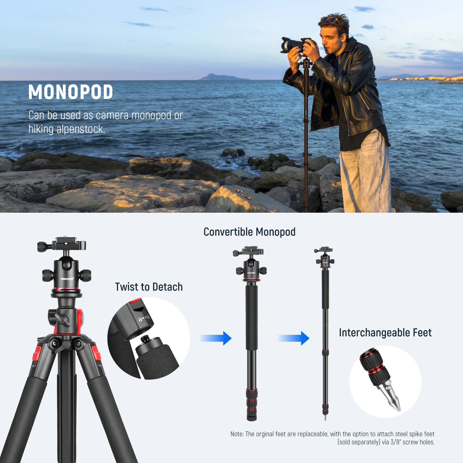 Neawer 72 Inch Camera Driepoot Monopod Met Middenkolom En Balhoofd Aluminium, Arca Type Qr Plaat Voor Dslr Camera