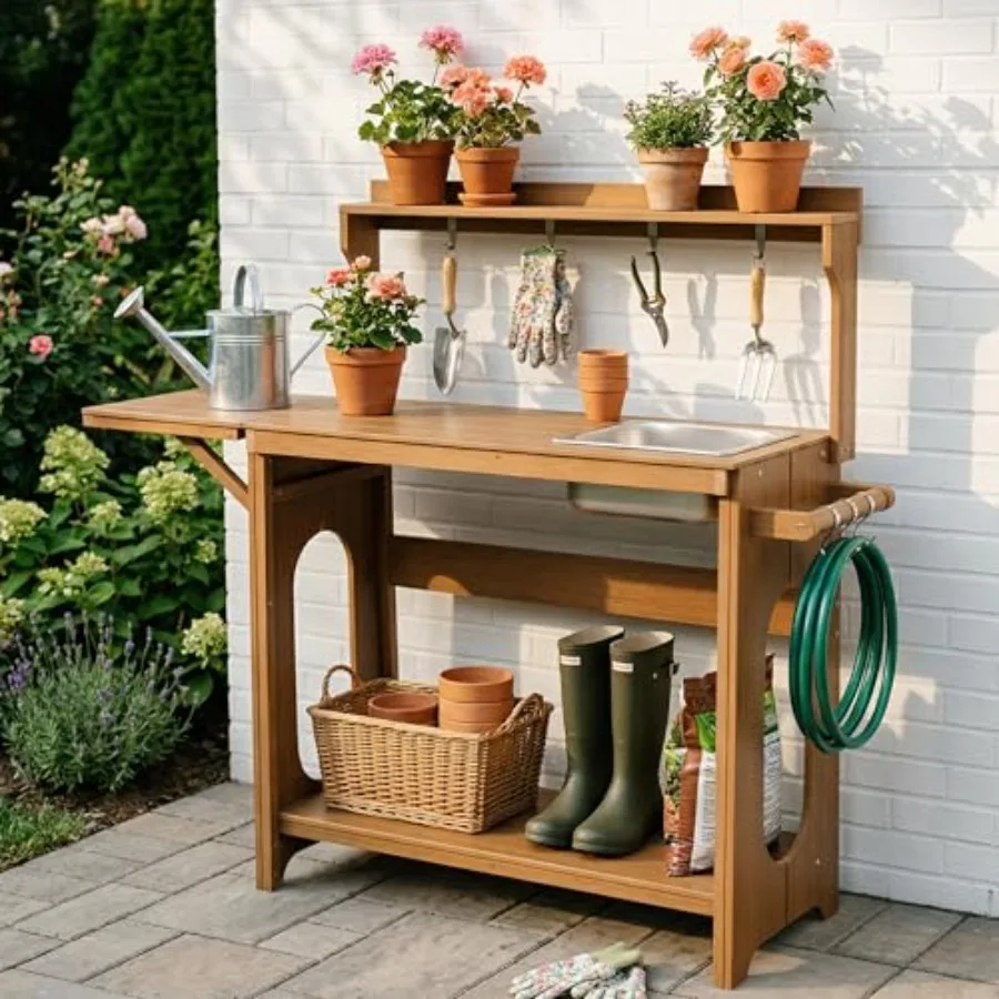 Outdoor Potting Bench Table with Removable Sink, All Weather