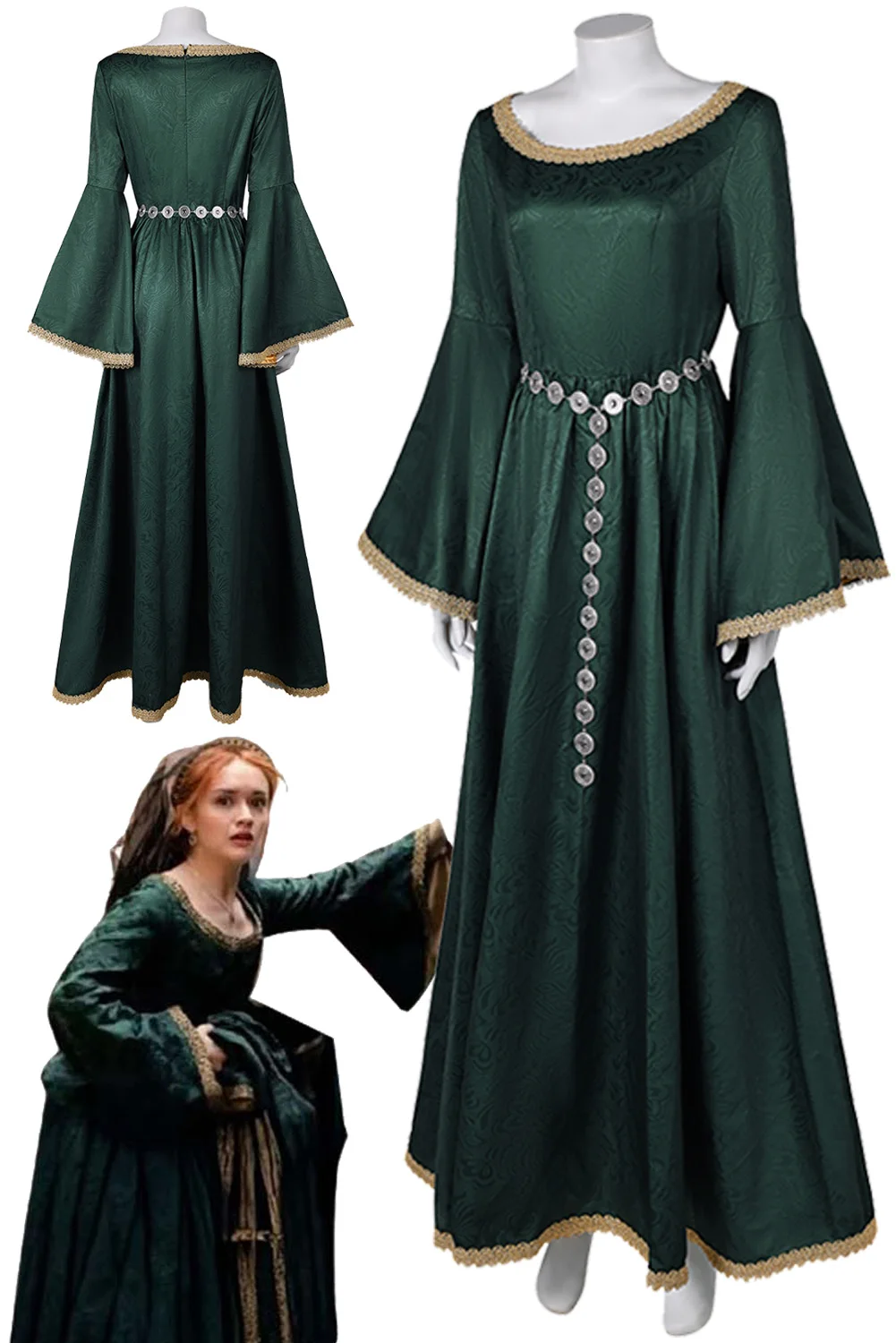 Disfraz de princesa Medieval para mujer, vestido verde oscuro, DRAGÓN DE TV 2, casa de fantasía, ropa de fiesta