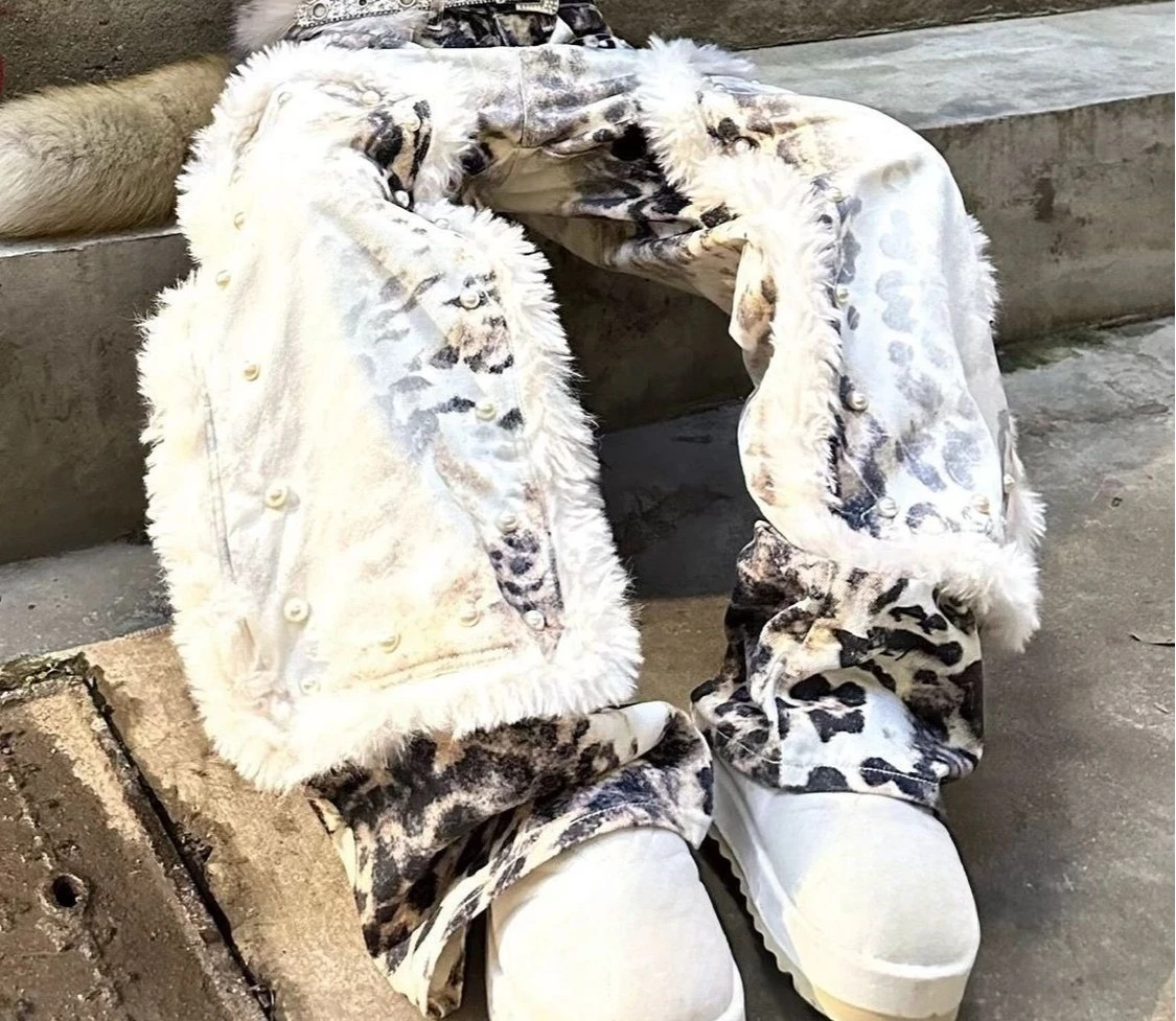 American retro jeans hot girl patchwork print leopard print street trousers personalized trendy wear loose floor-length jeans