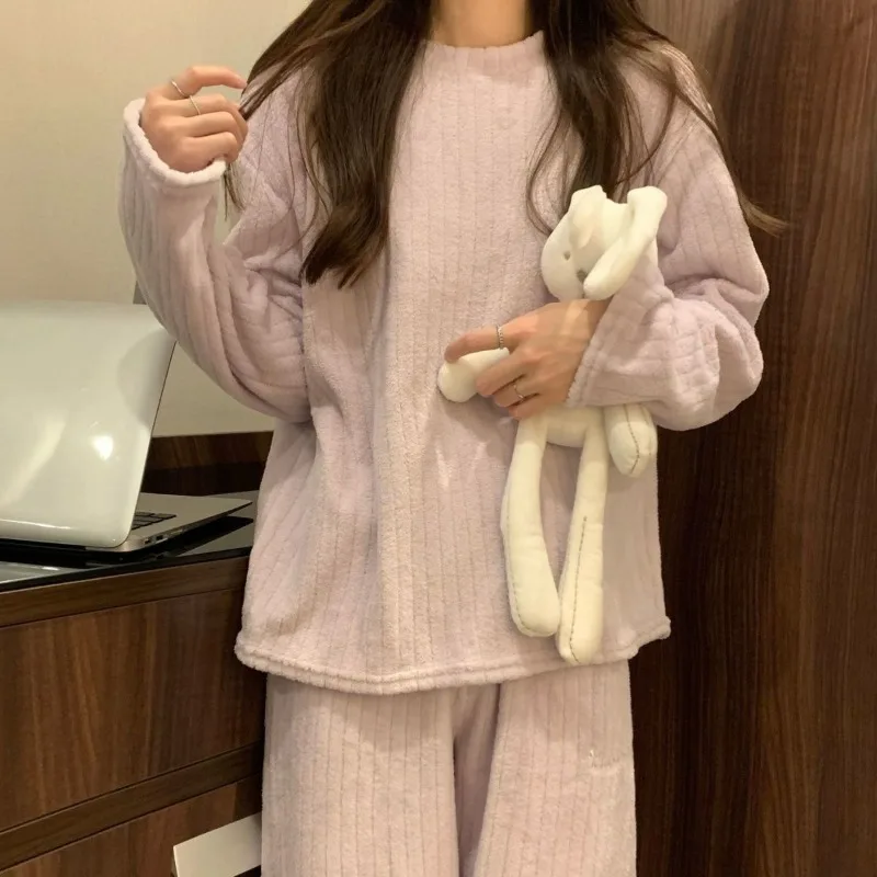 Casual Sleepwear Women Pajama Sets Winter Warm Piiama Fleece Night Wears Sets for Women 2 Pieces Embroidery Solid Home Suit 2024